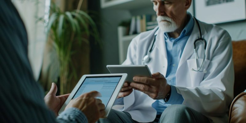 Imagem de médico monitorando dados em tablet.