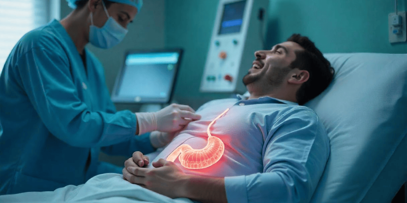 Imagem paciente em hospital com dor intestinal