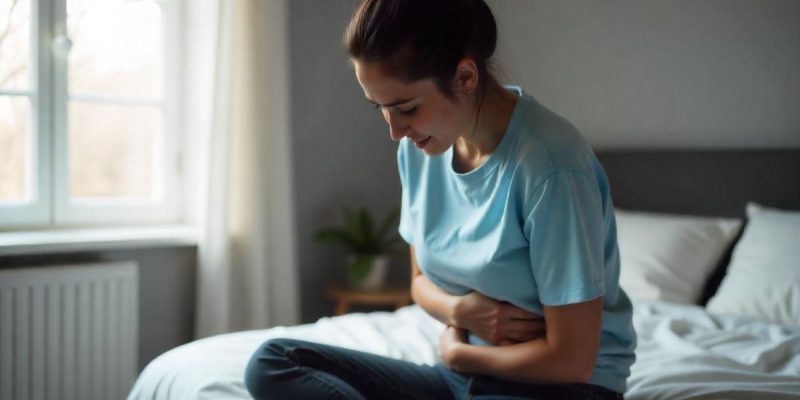 Mulher sentada sentindo dores no intestino.