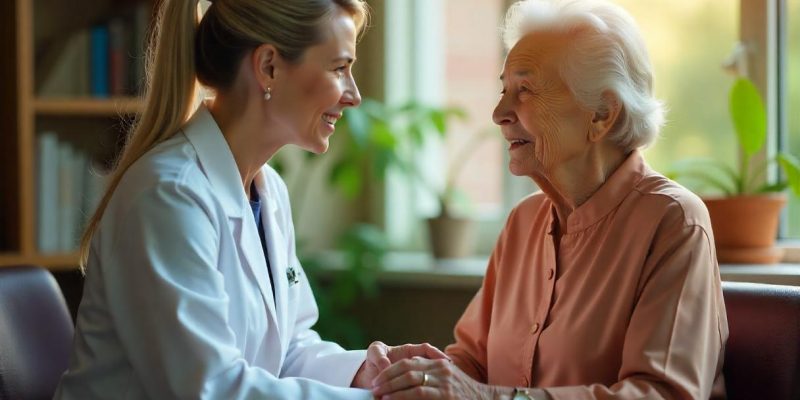 Imagem de paciente em consulta com médico gastroenterologista no consultório.