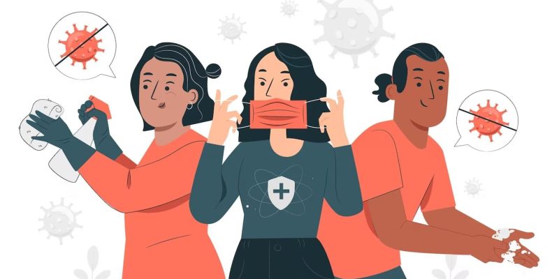 Ilustração de pessoas se protegendo do Corona Vírus.